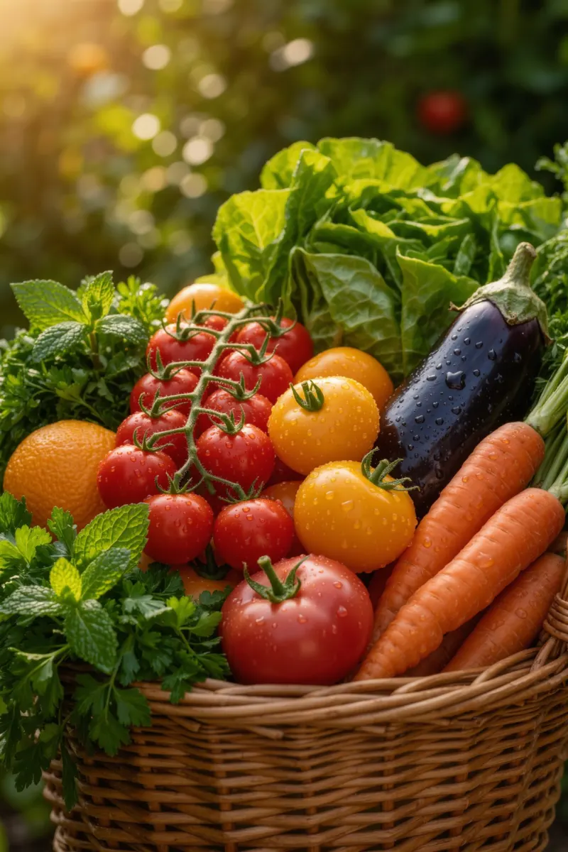 Organic Square basket filled with seasonal organic fruit and vegetables